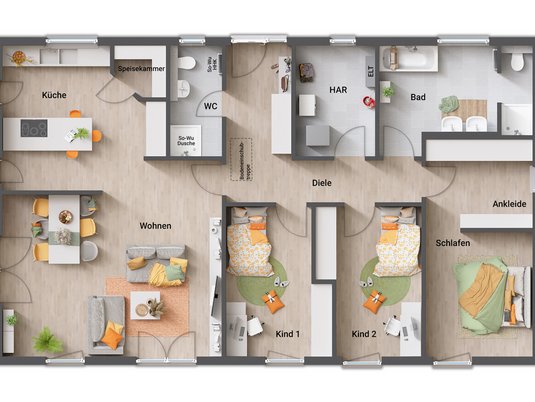 Grundriss des Bungalow 131 in der individuellen Variante 5, mit einem großzügigen Wohlfühlbad, bewusst ohne separates Gäste-WC, und einem Schlafzimmer mit stilvoller, integrierter Ankleide für zusätzlichen Komfort.