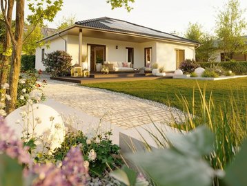 Winkelbungalow 108 mit Terrasse und Garten als Beispiel für barrierearmes Wohnen in Mühlenfließ
