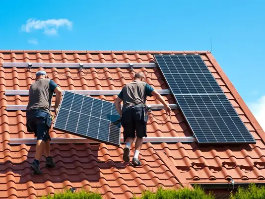 Handwerker montieren Solarmodule auf einem Hausdach als Symbol für energieeffizientes Bauen in Beetzsee