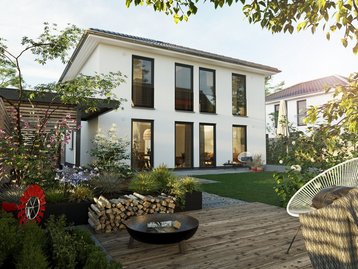 Stadtvilla 145 mit moderner Fassade, großen Fenstern und Garten als Beispiel für Hausbau in Mühlenfließ