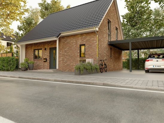 Einfamilienhaus mit Klinkerfassade, Satteldach und Carport als Beispiel für Hausbau in Königs Wusterhausen
