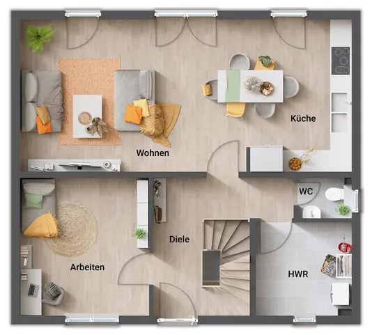 Grundriss-Einfamilienhaus-Flair-125-Erdgeschoss-offene-Kueche-mit-Hobbykeller