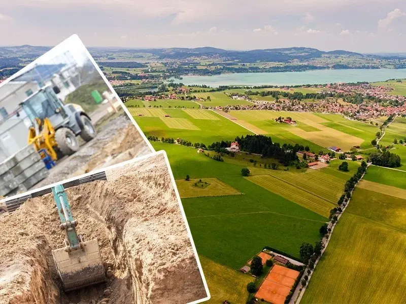 Luftaufnahme von Landschaft und Baugrundstück als Symbol für Grundstückssuche und Hausbau in Beetzsee