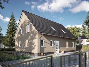Klassisches Einfamilienhaus mit Satteldach, Terrasse und Garten als Beispiel für Hausbau in Beetzsee
