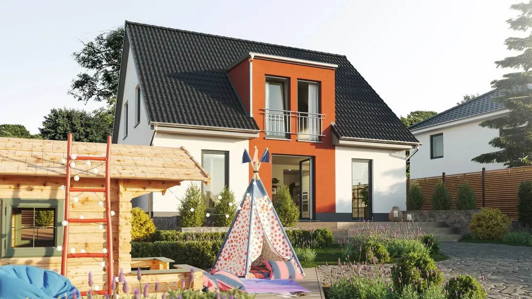 Familienhaus in Beeskow bauen Modernes Einfamilienhaus mit Garten und Spielbereich als Beispiel für familienfreundlichen Hausbau in Königs Wusterhausen