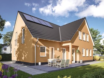 Zweifamilienhaus Domizil 192 mit Satteldach, Solarmodulen und Terrasse als Beispiel für Hausbau in Mühlenfließ