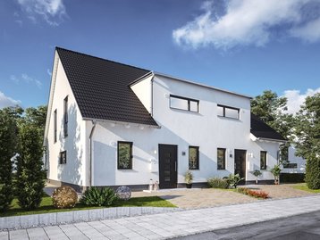 Doppelhaus Duett 125 mit moderner Fassade und zwei Wohneinheiten als Beispiel für Hausbau in Mühlenfließ