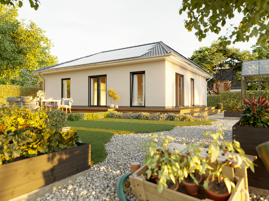 Kompakter Bungalow 92 – kleine Fläche, große Energiechancen Bungalow 92 im Gartenblick – ideal für eine kompakte Photovoltaikanlage