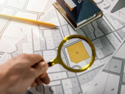 Lupe über einem Lageplan mit Hausmodell als Symbol für Grundstückssuche und Hausbau in Beetzsee