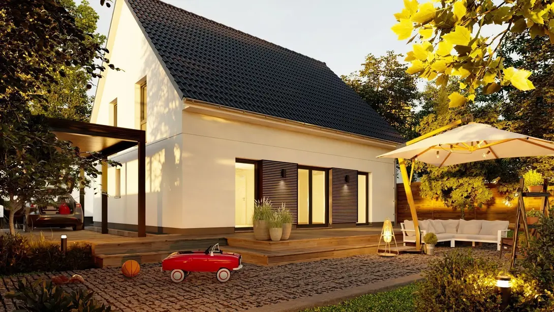 Einfamilienhaus mit Satteldach, Terrasse und Garten als Beispiel für familienfreundliches Wohnen in Mühlenfließ