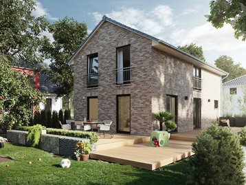 Einfamilienhaus Aura 125 mit Klinkerfassade, Terrasse und Garten als Beispiel für Hausbau in Mühlenfließ