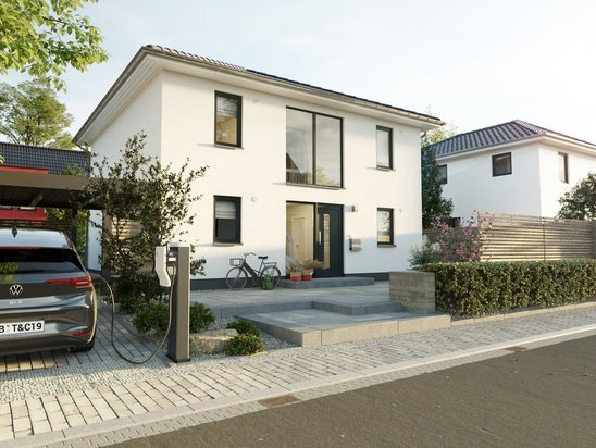 Modernes Stadthaus mit Carport, Vorgarten und Terrasse als Beispiel für Hausbau in Königs Wusterhausen