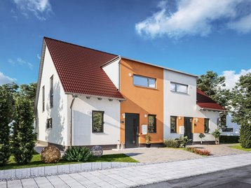 Modernes Doppelhaus mit rotem Dach und orangefarbener Fassadenakzentuierung als Beispiel für Hausbau in Beetzsee