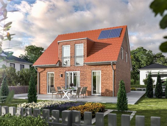 Einfamilienhaus Flair 113 mit rotem Satteldach, Klinkerfassade und Garten als Beispiel für Hausbau in Beetzsee